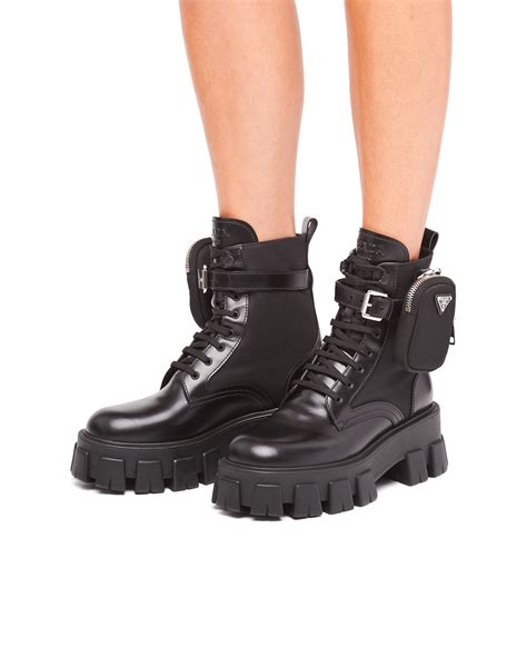 prada fur-lined leather mid-calf boots|prada monolith leather & nylon lug sole combat boots.